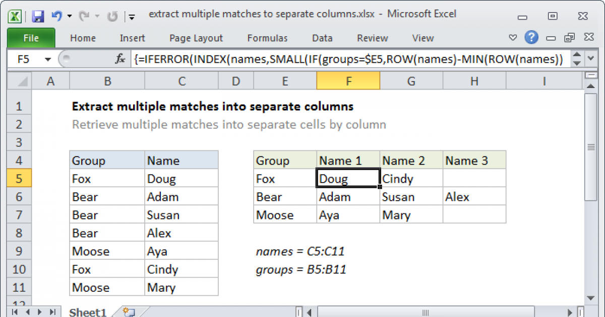 Extract Multiple Matches Into Separate Columns Excel Formula Exceljet 7376